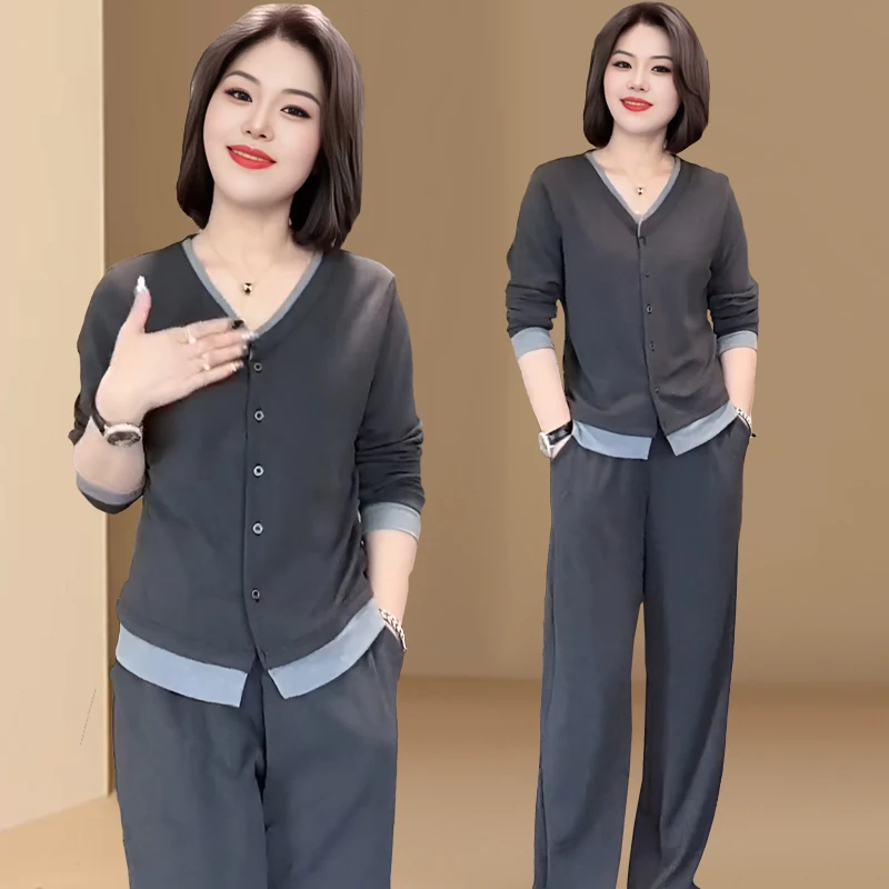 2026春秋新款时尚撞色休闲套装女修身显瘦上衣高腰直筒裤两件套