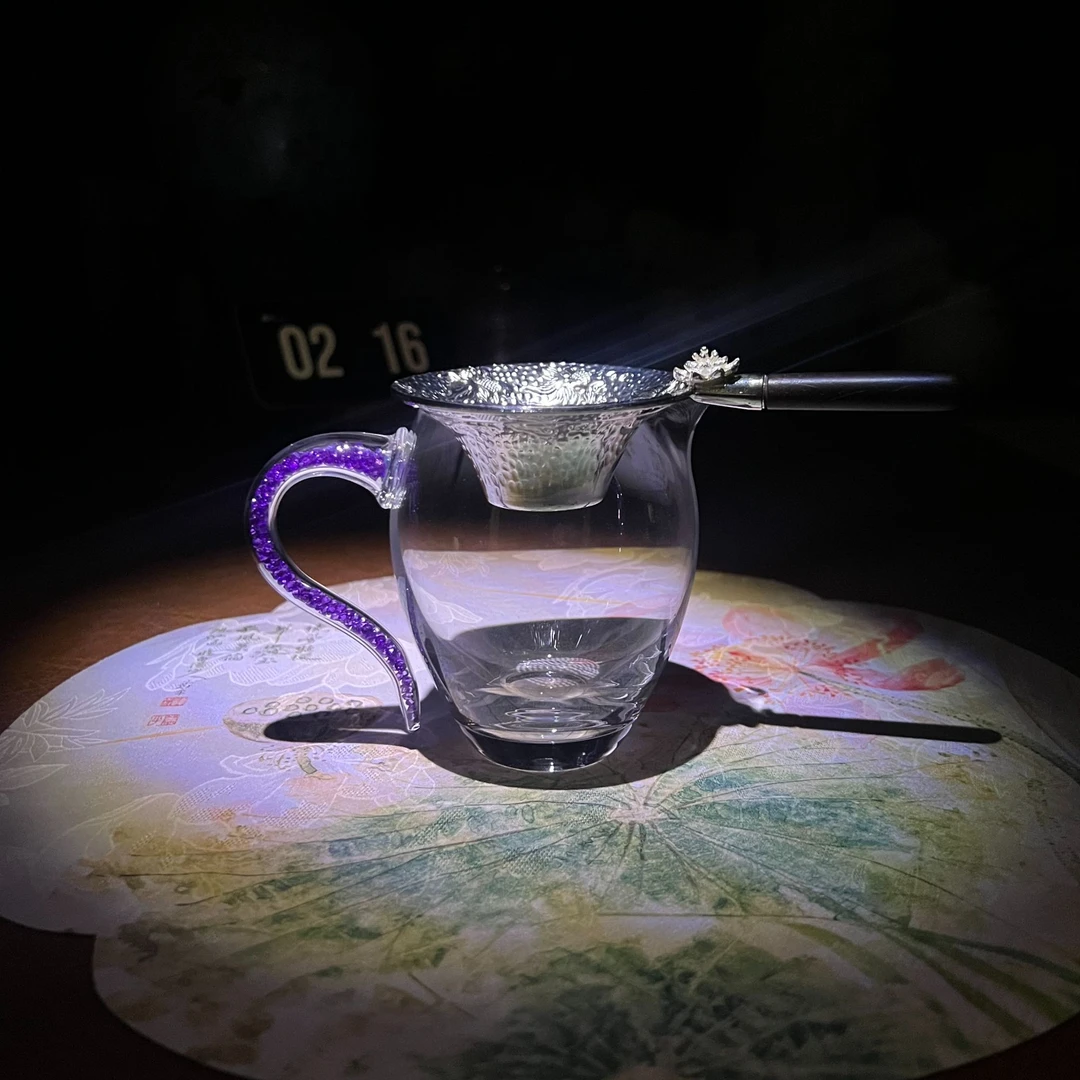 紫钻水晶玻璃公道杯带锡茶漏