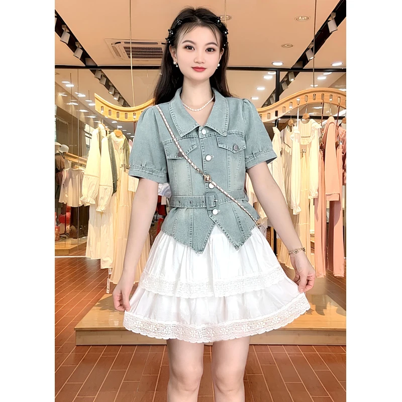 ASY /2025夏季短袖高腰显瘦牛仔蛋糕裙两件套甜美时尚减龄小个子