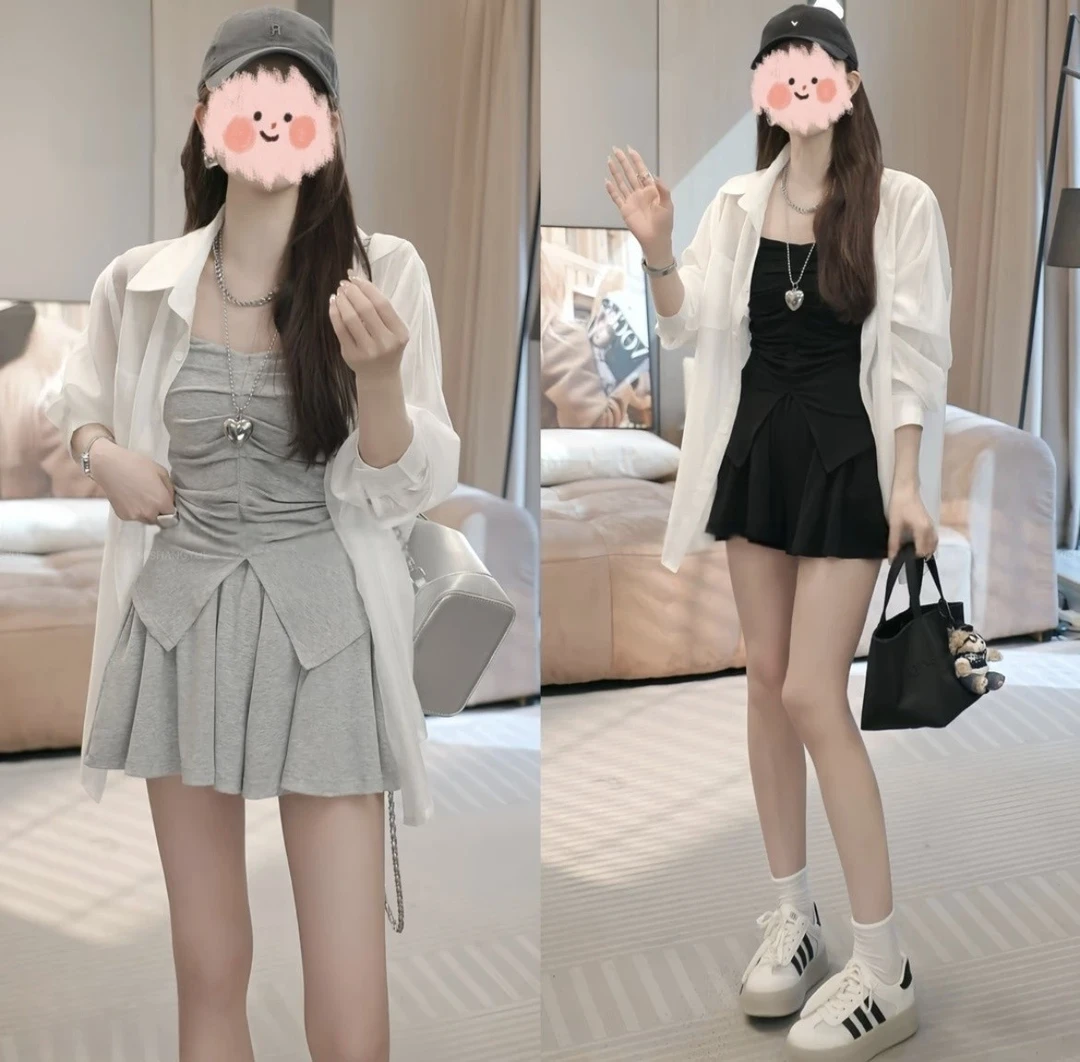 2025夏季法式气质设计感防晒衬衫外套+吊带背心+A字裙裤三件套女