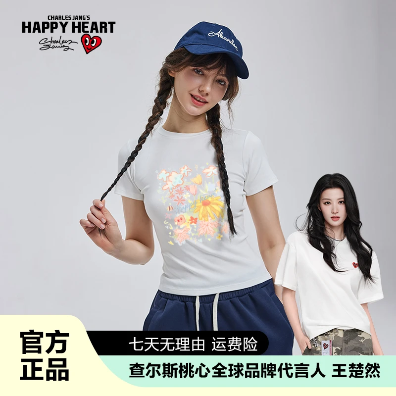 查尔斯桃心【王楚然代言】甜美公主风T恤春夏圆领印花百搭短袖女款