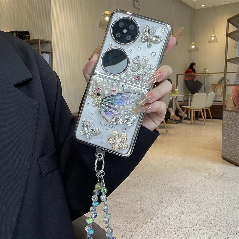 适用华为pocket2手机壳电镀幻影透明壳p50纯手工水钻蜻蜓保护壳s