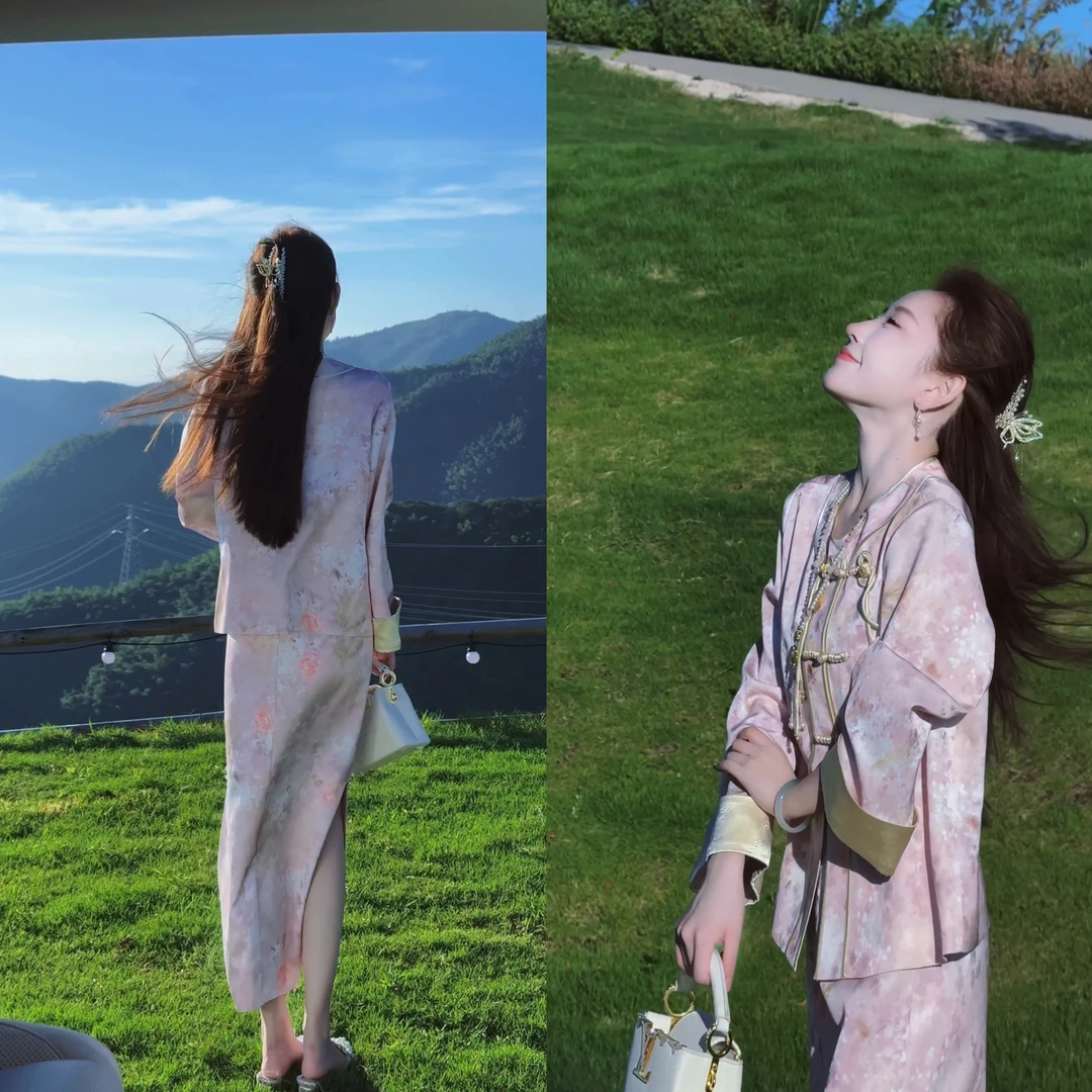 【婷婷】《蜜雪冰城》樱花设计撞色贵气国风外衫套装 TT2SQTZ2116【Q】