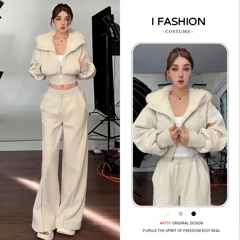 加厚高含棉设计感时尚套装女2025年冬季新款洋气上衣阔腿裤两件套