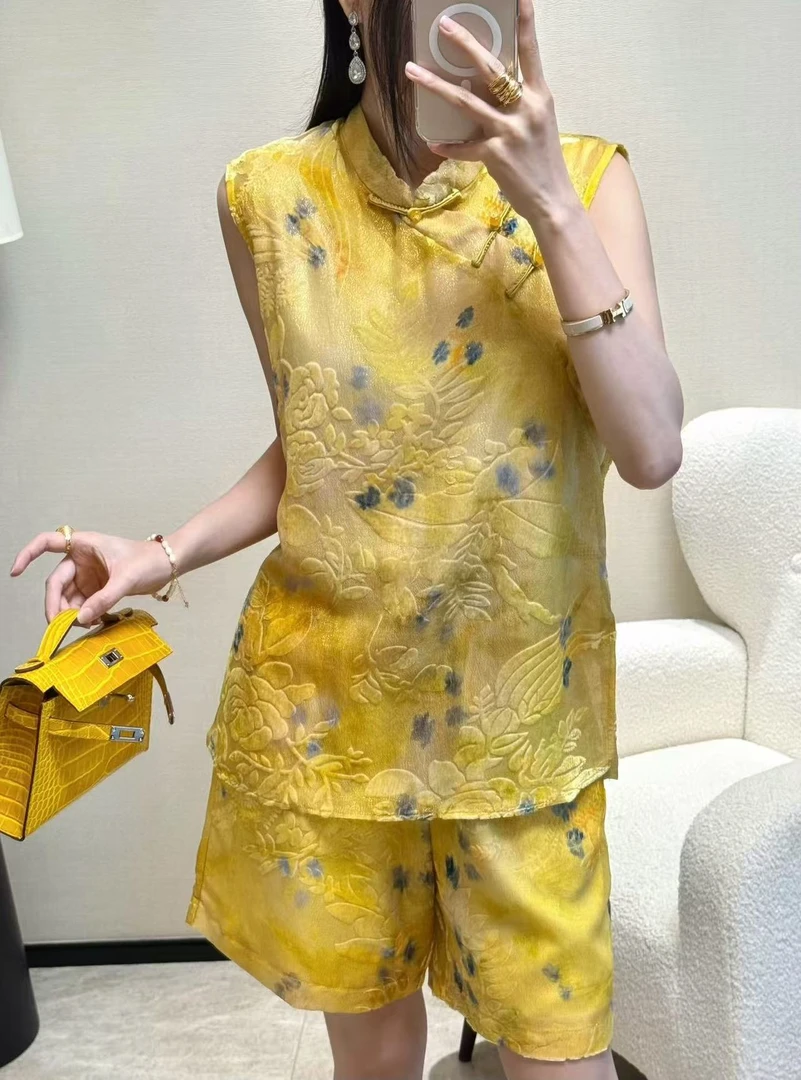 中式风立领盘扣真丝丝绒烧花气质显瘦中长短袖衬衫短裤套装