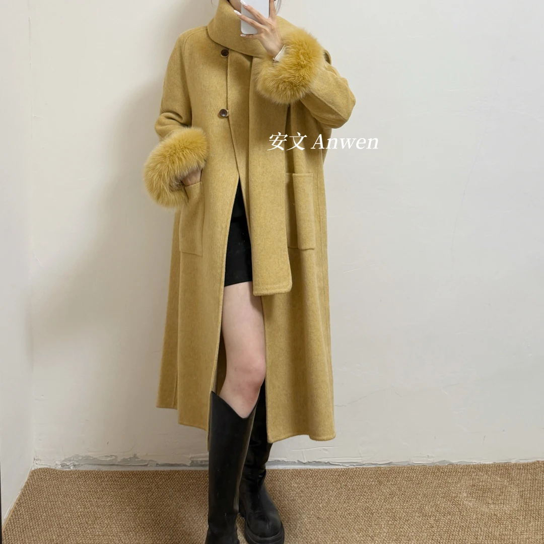【梦华录】秋冬新款奶酪曲奇风长款双面大衣女配围巾高级感毛呢外套