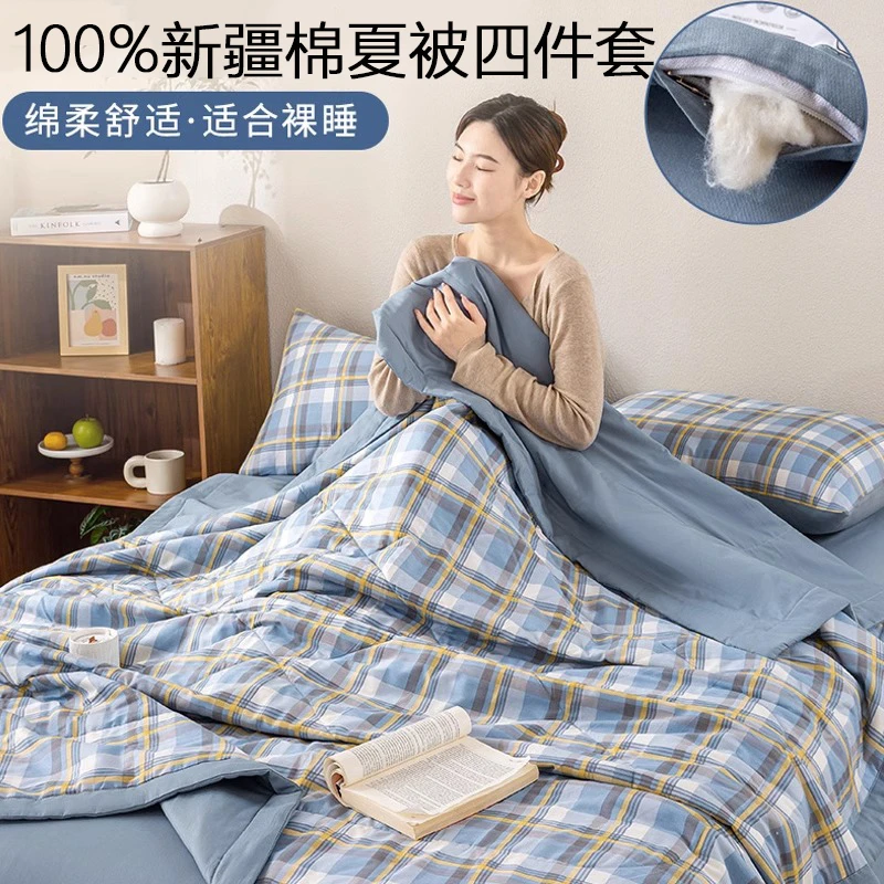 夏被四件套水洗棉100%新疆棉夏凉被可机洗空调被家用薄款被子床单