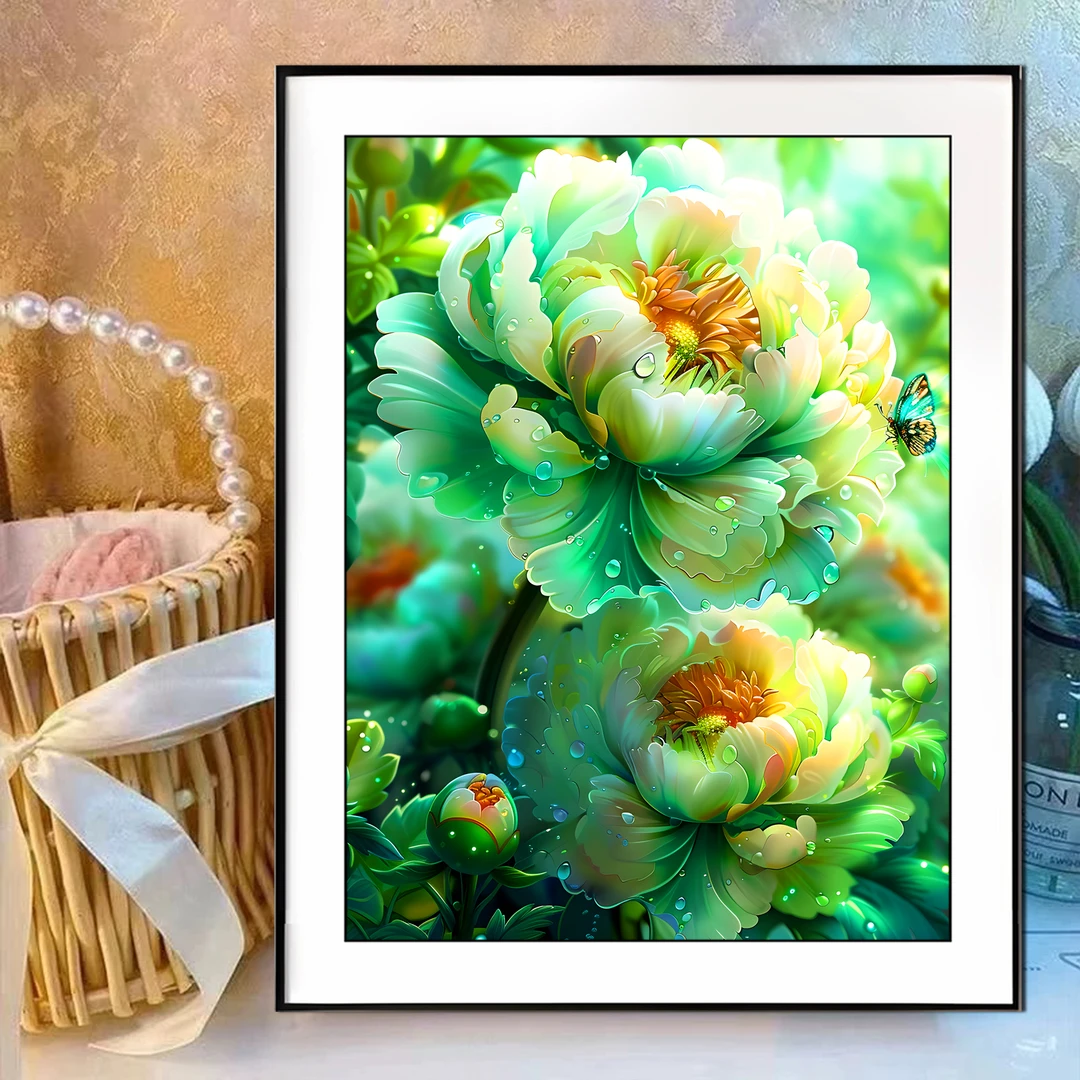 【新疆长绒棉双纱棉礼盒版】7025缤纷绿牡丹十字绣大格60x80cm满绣