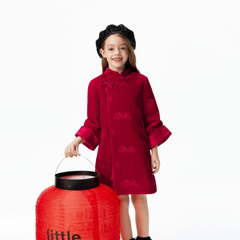 littlemoco童装26春新款女童中式拜年服燕子绣花长袖连衣裙裙子