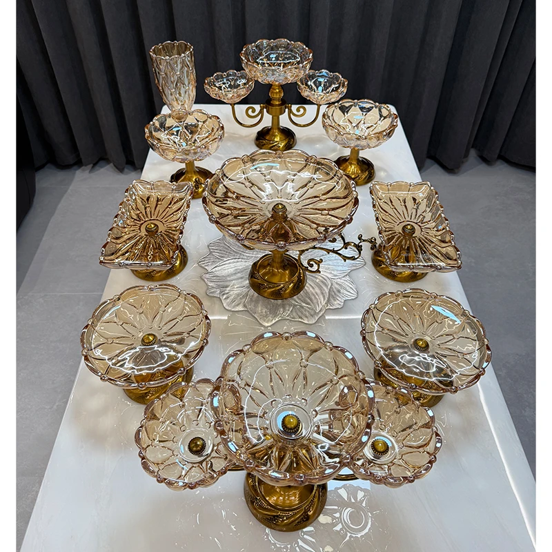 ZG/中歌【新疆顺丰包邮】14头珍珠网纹轻奢玻璃果盘家用欧式风格