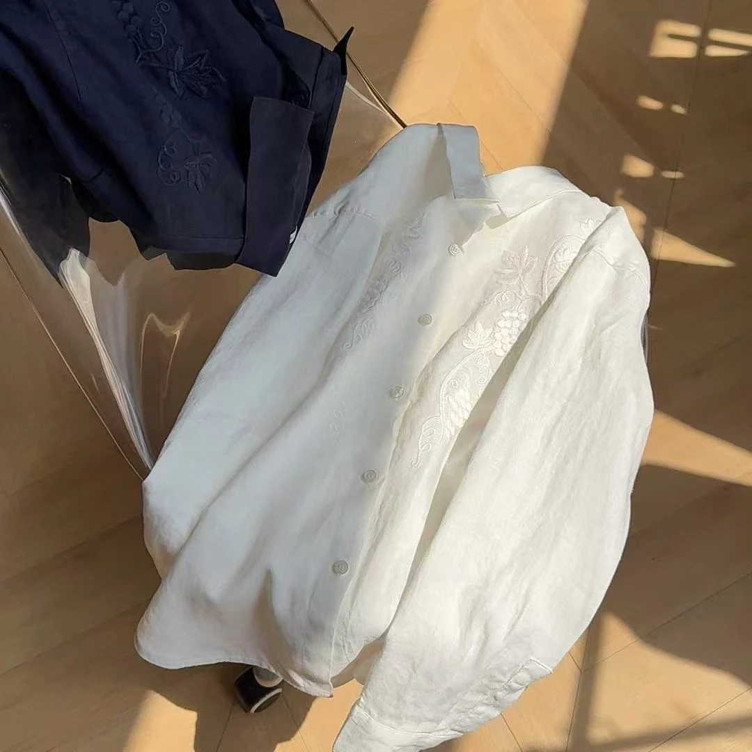 “葡萄衬衫” 100亚麻衬衫 重工刺绣不扎 巨美 文艺风衬衣 W-121