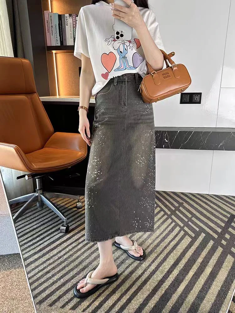 2769-裙长约80）设计感包臀a字牛仔半身裙