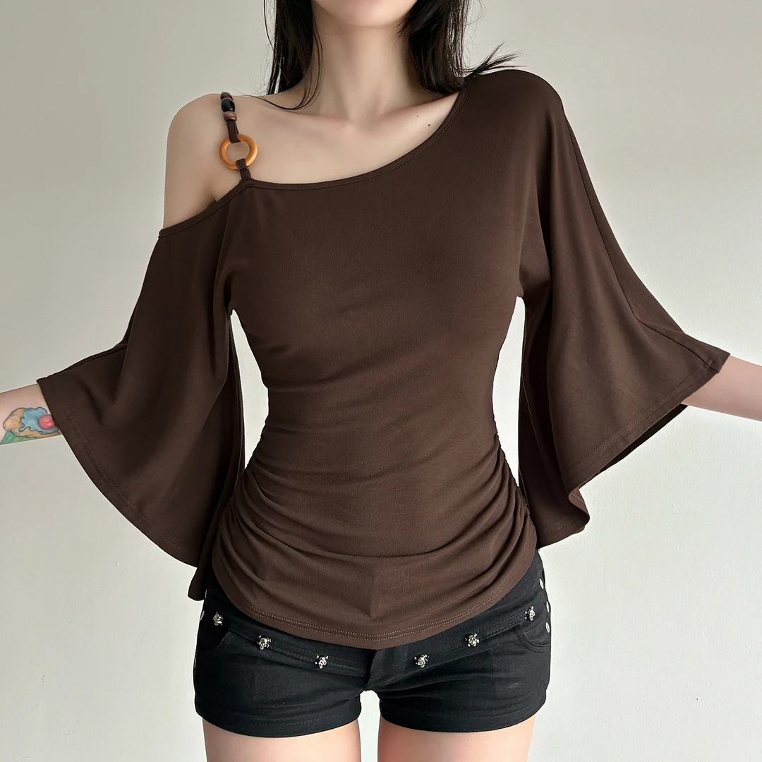 欧美女装极简串珠元素斜肩蝙蝠袖上衣复古辣妹不规则T恤2025年新