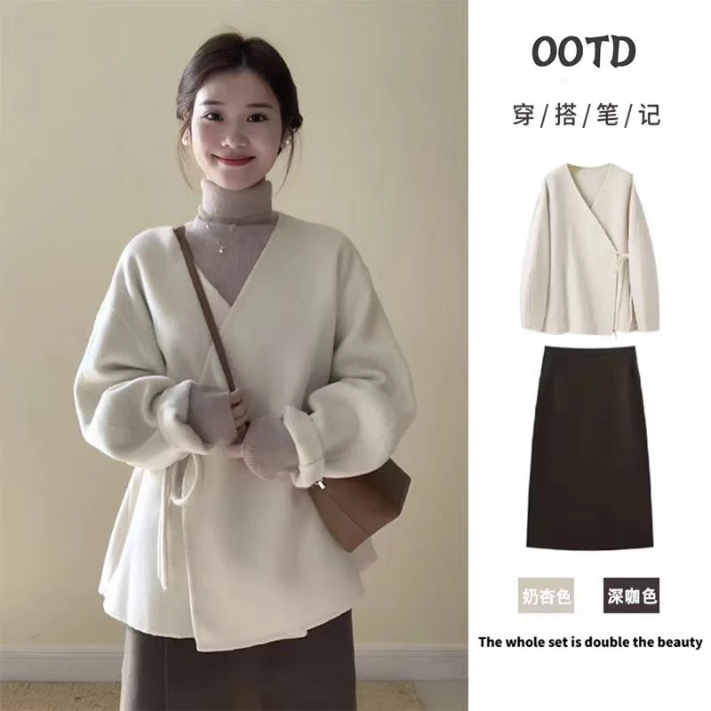 大码秋冬搭配一整套女微胖韩剧穿搭无领呢子外套+半身裙两件套