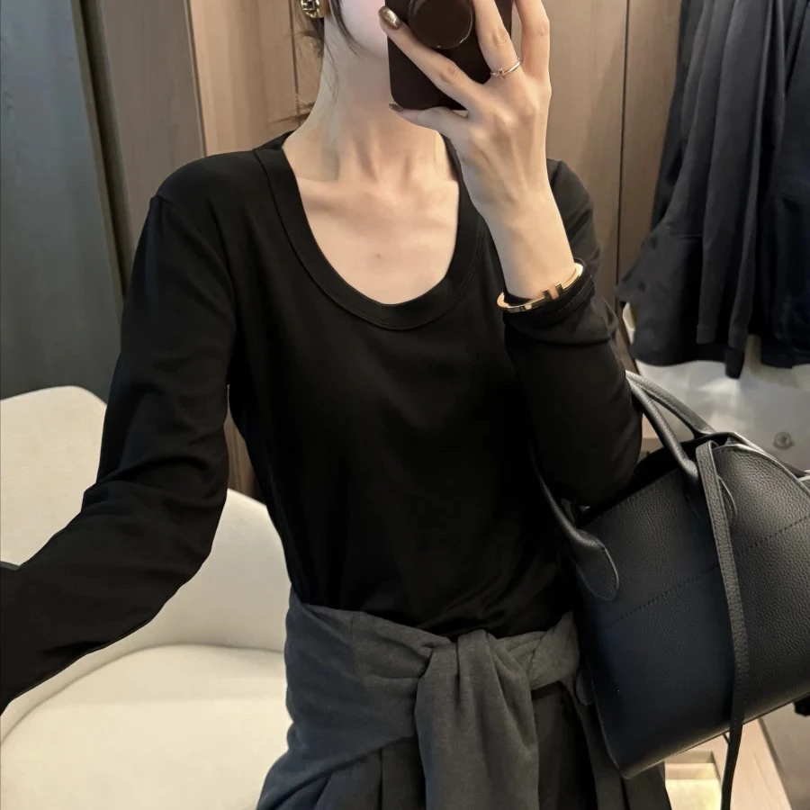 那简家8668秋冬韩版纯色百搭磨毛加厚鹅蛋领长袖上衣女