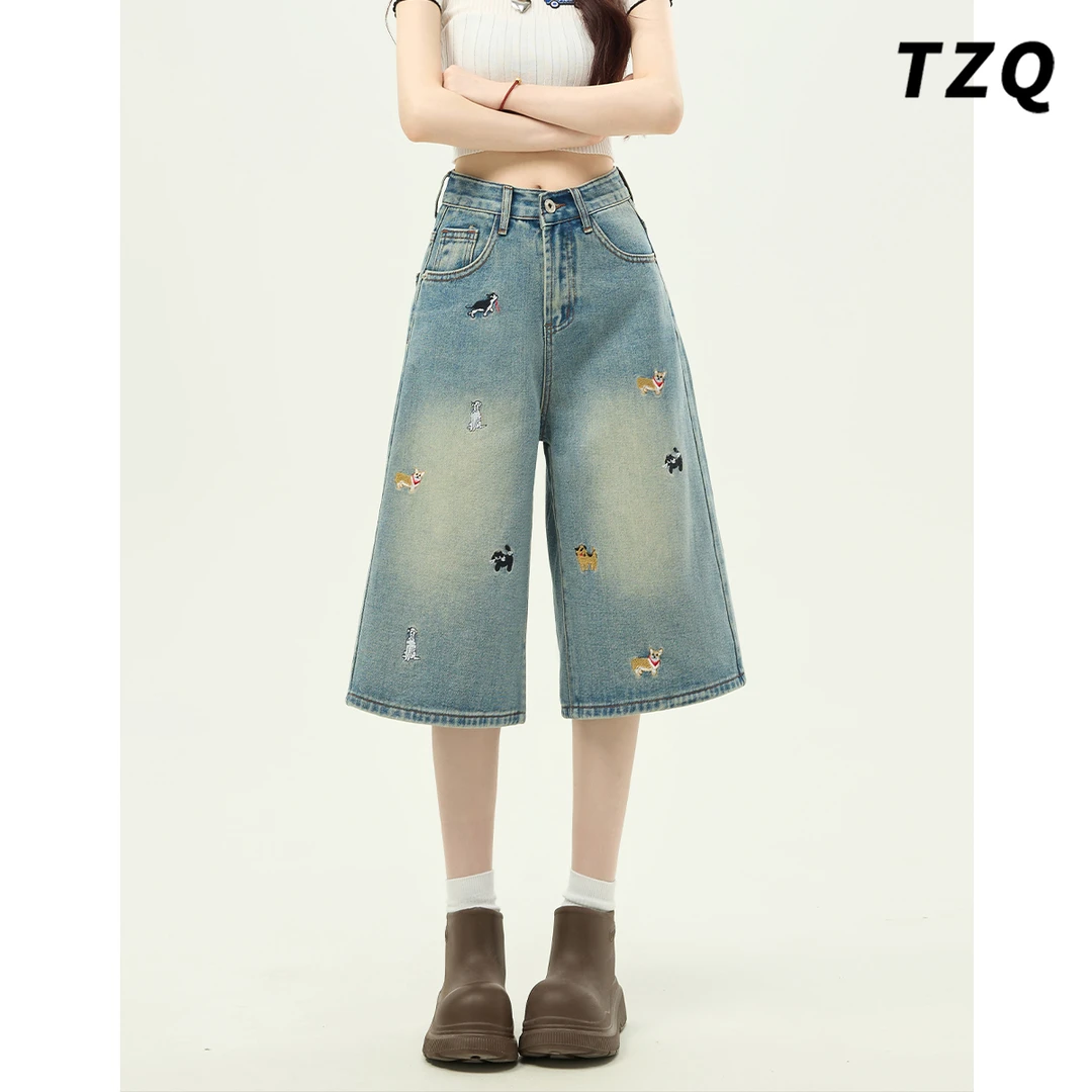 0073【金拐子专属】小个子小狗刺绣设计牛仔七分裤女夏季阔腿短裤
