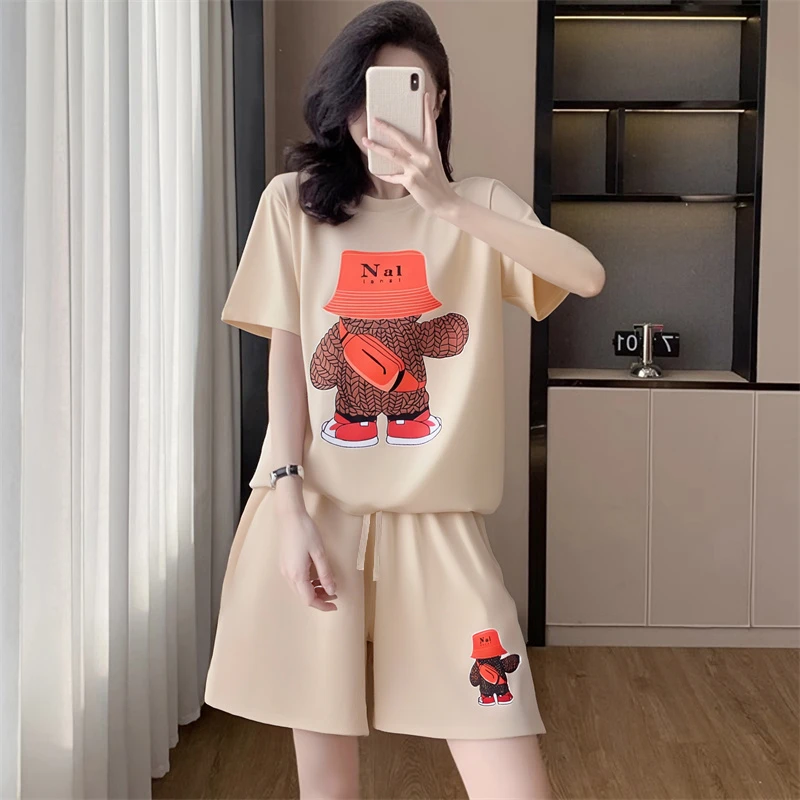 【公主请下单】2件套夏季女短袖短裤宽松圆领运动休闲印花套装女246