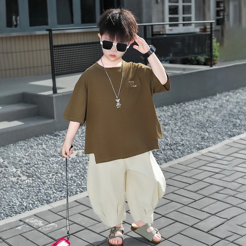 男童夏装短袖套装2025新款韩版痞帅儿童洋气夏季薄款宽松灯笼长裤