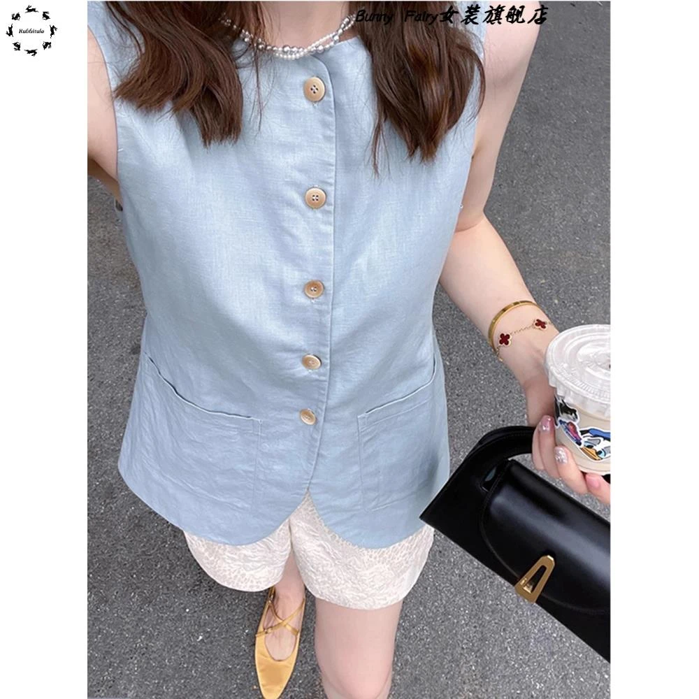 新款夏季简约蓝色无袖西装开衫马甲背心女韩系减龄洋气亚麻上衣潮