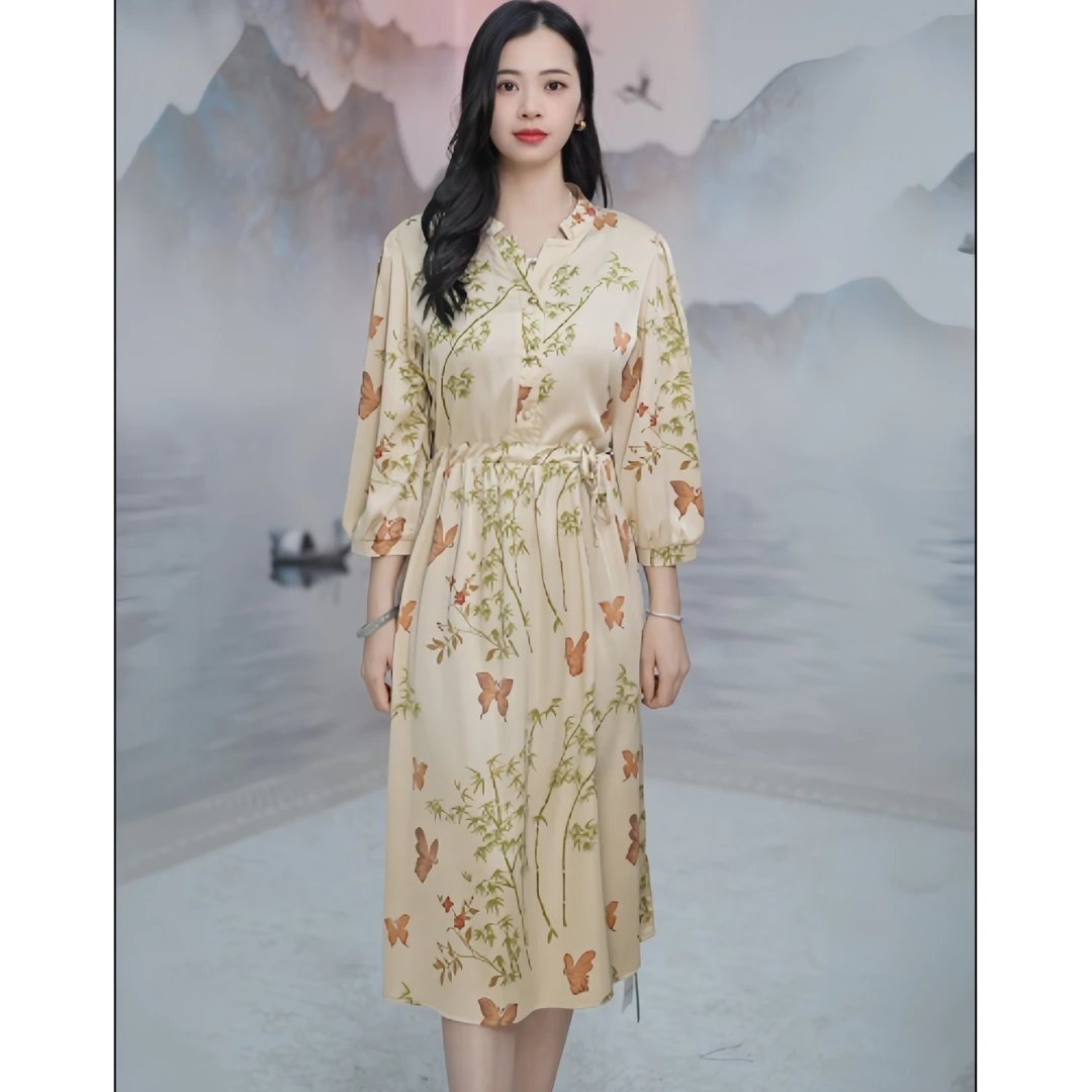 2551  复古风大气翠竹蝴蝶印花夏季新中式收腰女装连衣裙