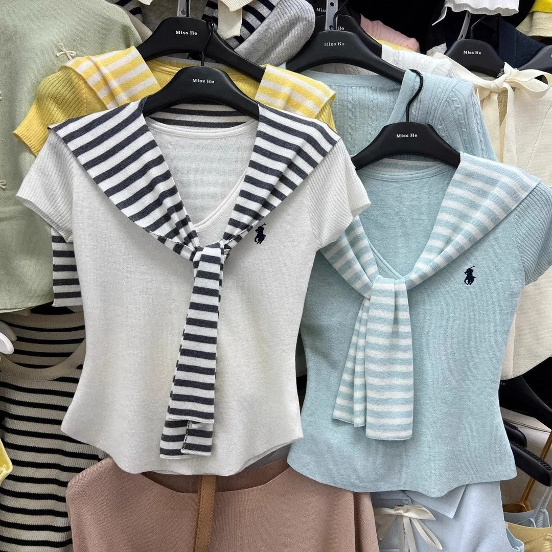 2025年夏装新款韩系条纹披肩短袖女洋气修身显瘦刺绣针织衫上衣潮
