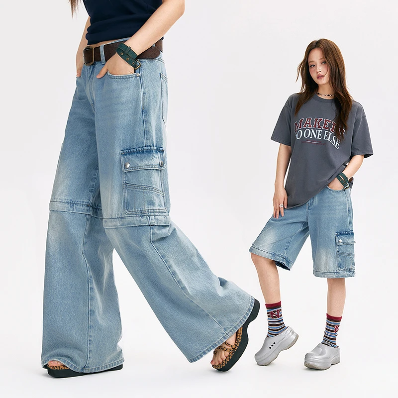 NO ONE ELSE美式复古女装夏季磨白可拆卸宽松长裤口袋阔腿牛仔裤