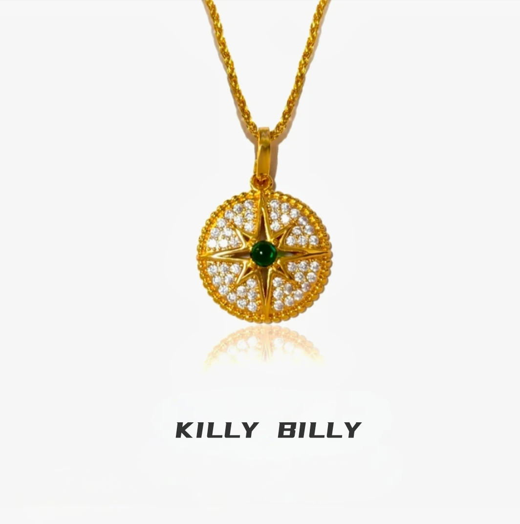 铜合金合成锆石吊坠 KILLYBILLY时尚八芒星圆盘吊坠项链