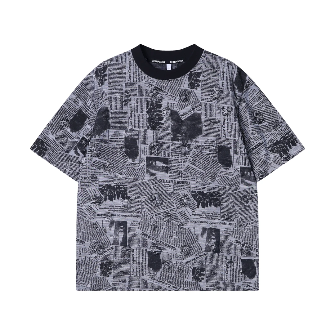 夏季高级感新款美式报纸设计圆领短袖T恤痞帅百搭潮流套头上衣