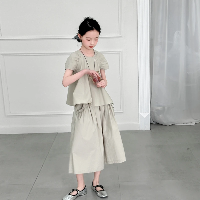 女童韩版慵懒风飞袖阔腿裤套装2025洋气夏新款儿童纯色休闲两件套