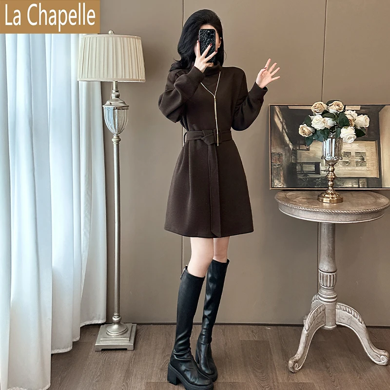 拉夏贝尔法式半高领休闲连衣裙女秋冬新款御姐气质显瘦系带卫衣裙