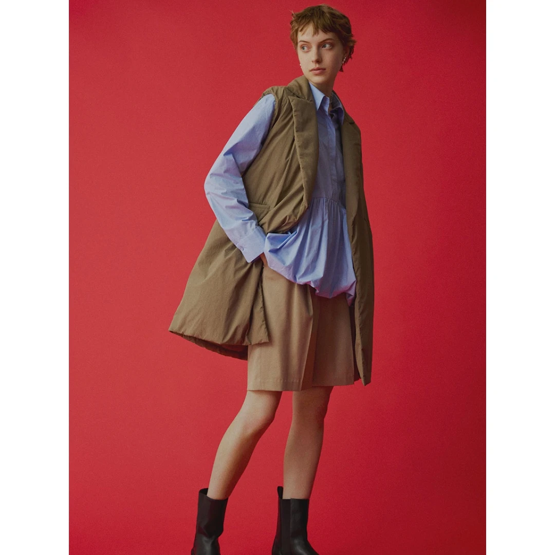 【六哥家】 秋季新款 M 时尚气质纯色翻领裙摆长袖衬衫百搭休闲