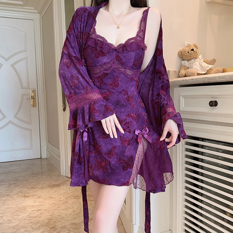 薄款性感甜美印花九分袖透气睡裙宫廷多巴胺穿搭纯欲甜美蝴蝶印花