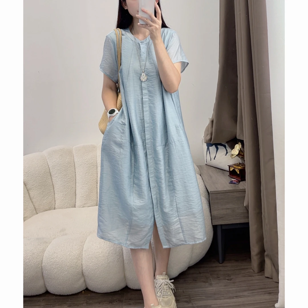2025新款女裙显瘦减龄宽松连裙短袖显瘦气质薄款透气长裙DYY2919