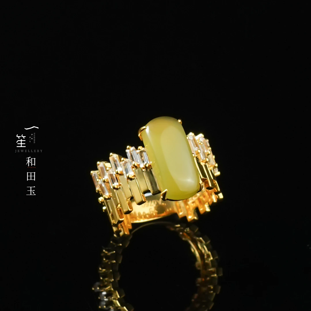 【一笙珠宝】天然和田玉黄猫眼戒指18k金镶嵌 YS20543