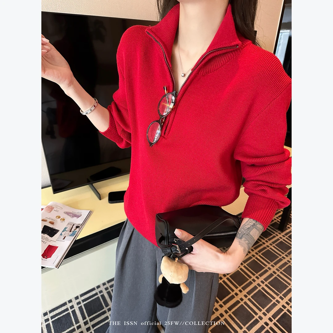 THEISSN宁司 半拉链立领针织衫女秋季休闲宽松显瘦上衣 01415
