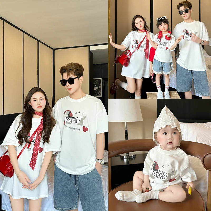 2025夏装新款亲子装一家三口腊肠狗短袖T恤儿童爬服连体衣7710