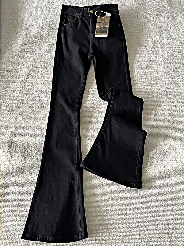 黑色贴腿微喇牛仔裤女2025秋新款大码胖mm高腰弹力显瘦喇叭长裤子