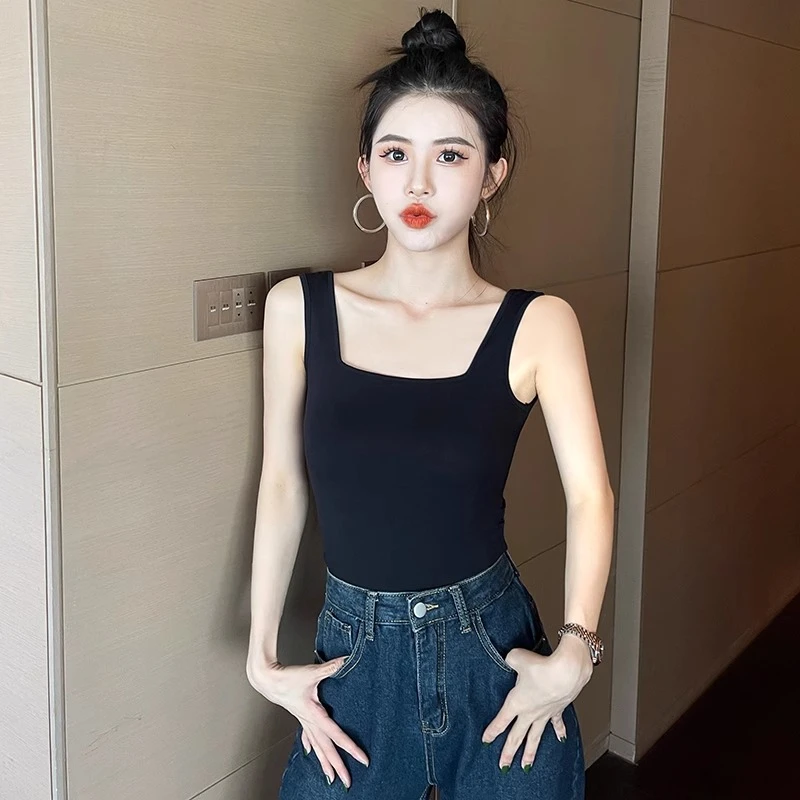 莫代尔吊带背心女方领内搭2023新款女装薄款美背无袖黑色修身上衣