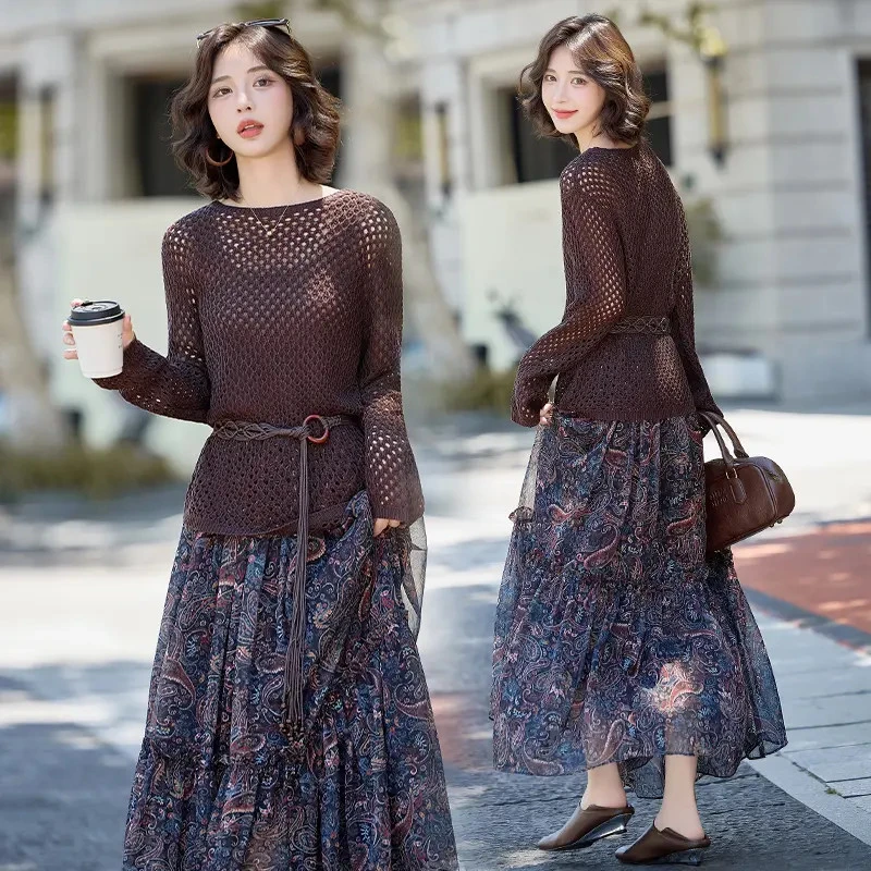复古镂空针织罩衫套装裙女2025年秋季新款高级感碎花半身裙两件套