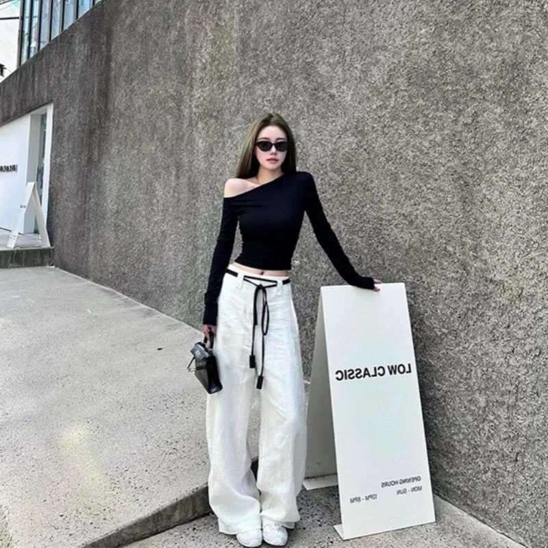 她他百伦轻熟风性感辣妹百搭黑色长袖T恤上衣高腰直筒休闲宽松垂