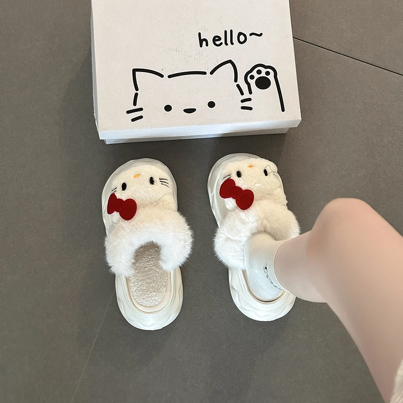 时尚潮流卡通动漫大头猫厚底包头拖鞋女2025新款居家冬季加绒棉鞋