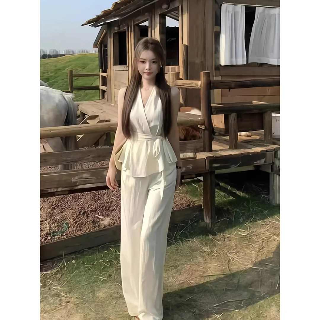 时尚慵懒风韩系V领无袖绑带收腰显瘦上衣休闲长裤套装减龄两件套