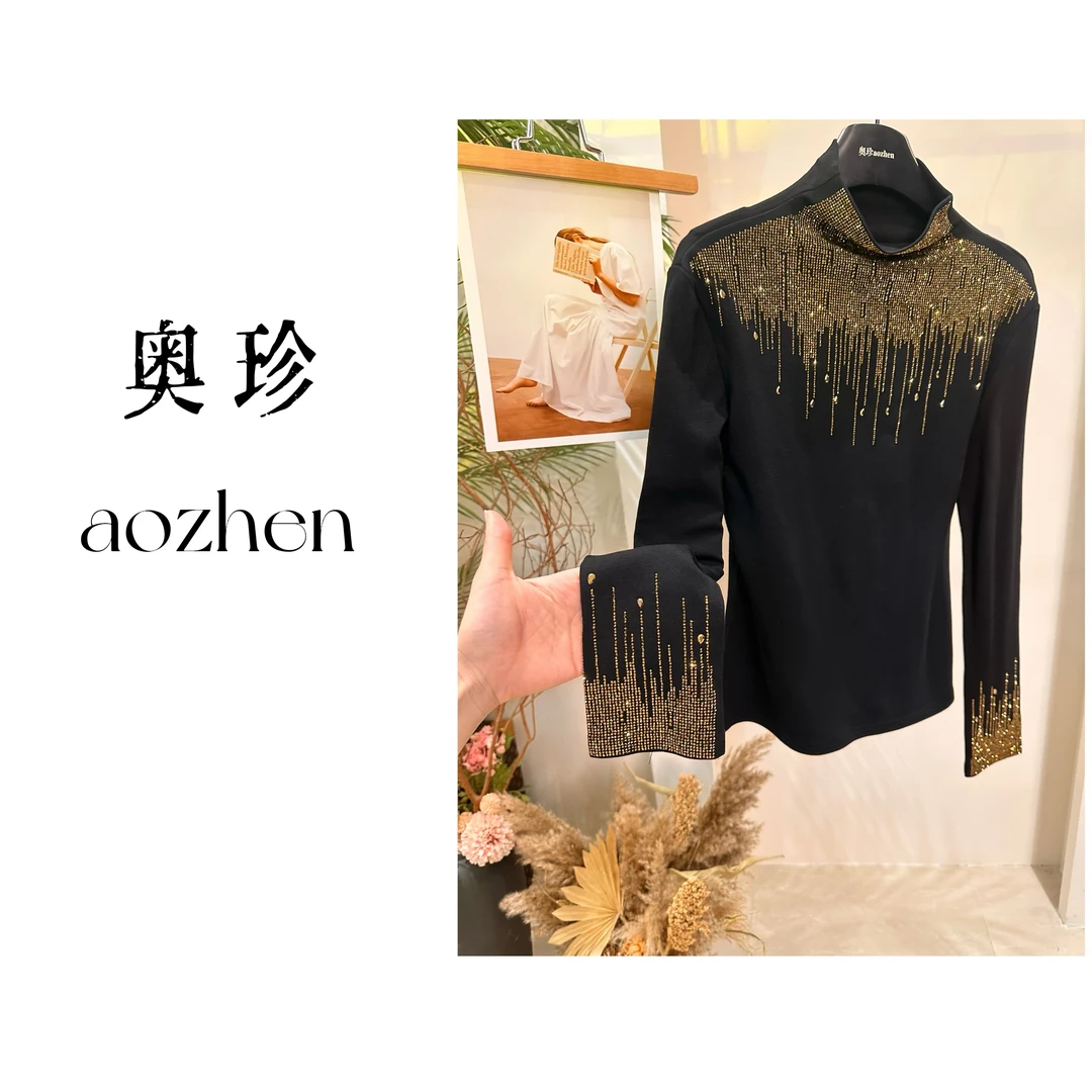 YINUO秋冬高级感气质重工水滴烫钻长袖T恤上衣