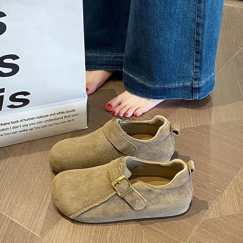 复古全包勃肯鞋女磨砂仿皮搭扣款2025春季新款平底豆豆鞋舒适单鞋