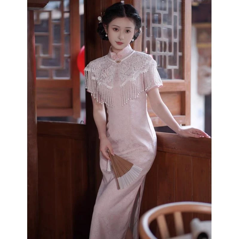 卿本佳人蕾丝珍珠披肩流苏云肩优雅民国风复古披肩配旗袍汉服女