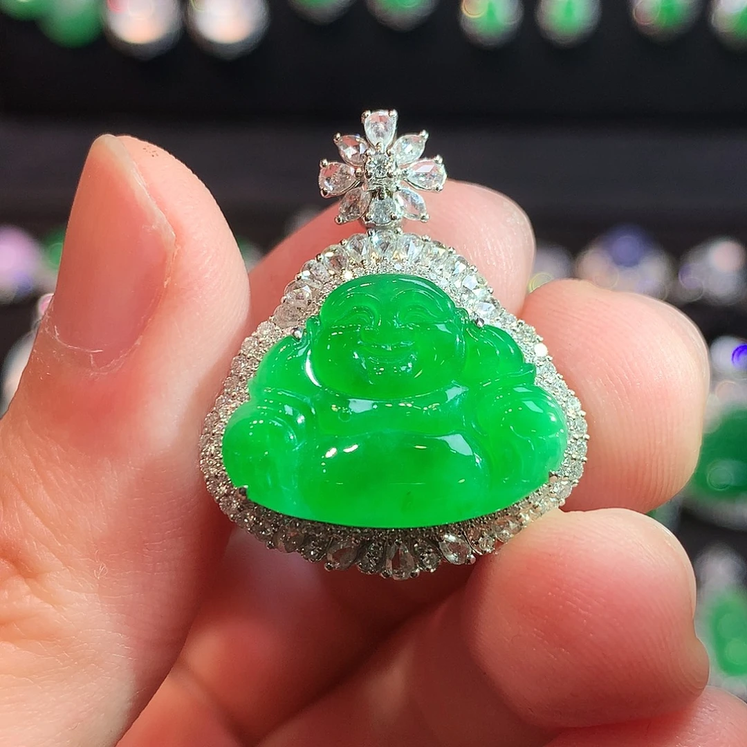 翡翠18K金镶嵌吊坠(赠链)高冰正阳满绿佛公吊坠