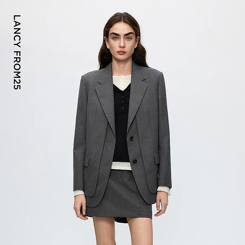 朗姿深灰色羊毛平驳领西装外套女高级感通勤西服2025年冬季新款