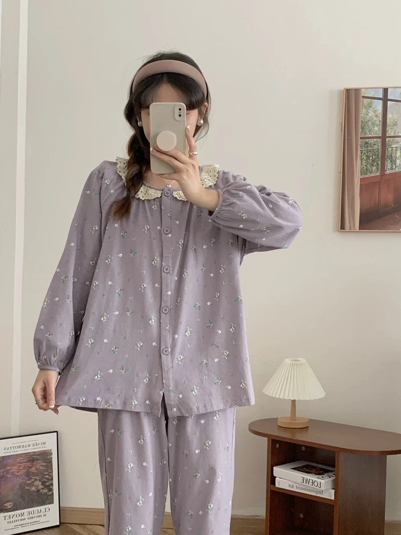 【紫色碎花】纯棉长袖睡衣女家居服套装宽松胖mm韩版纯棉家居服