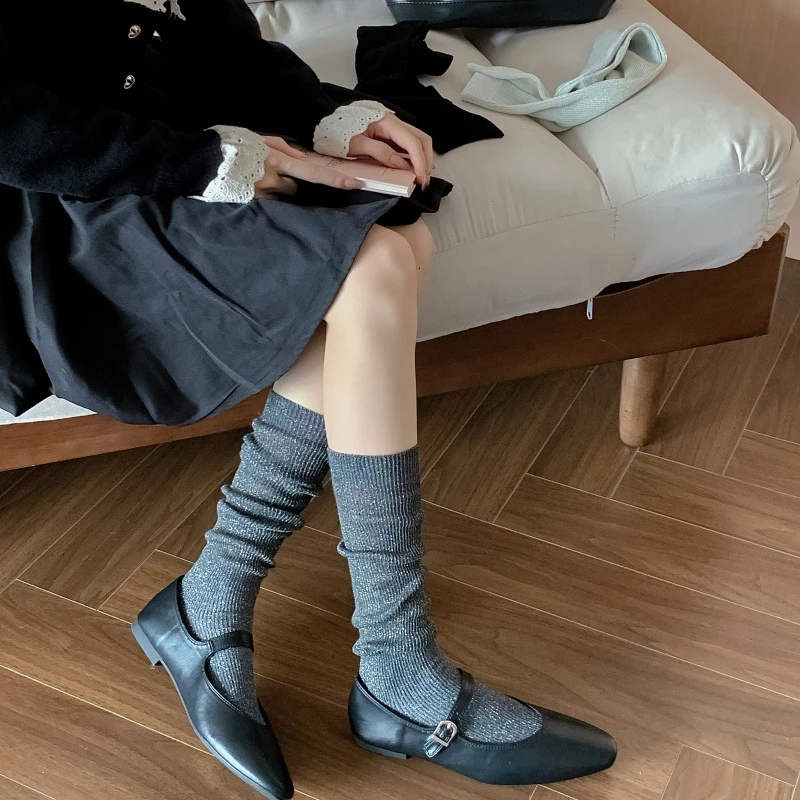 春夏季薄款银丝小腿袜子女芭蕾风ins亮丝长筒堆堆袜jk慵懒风及膝