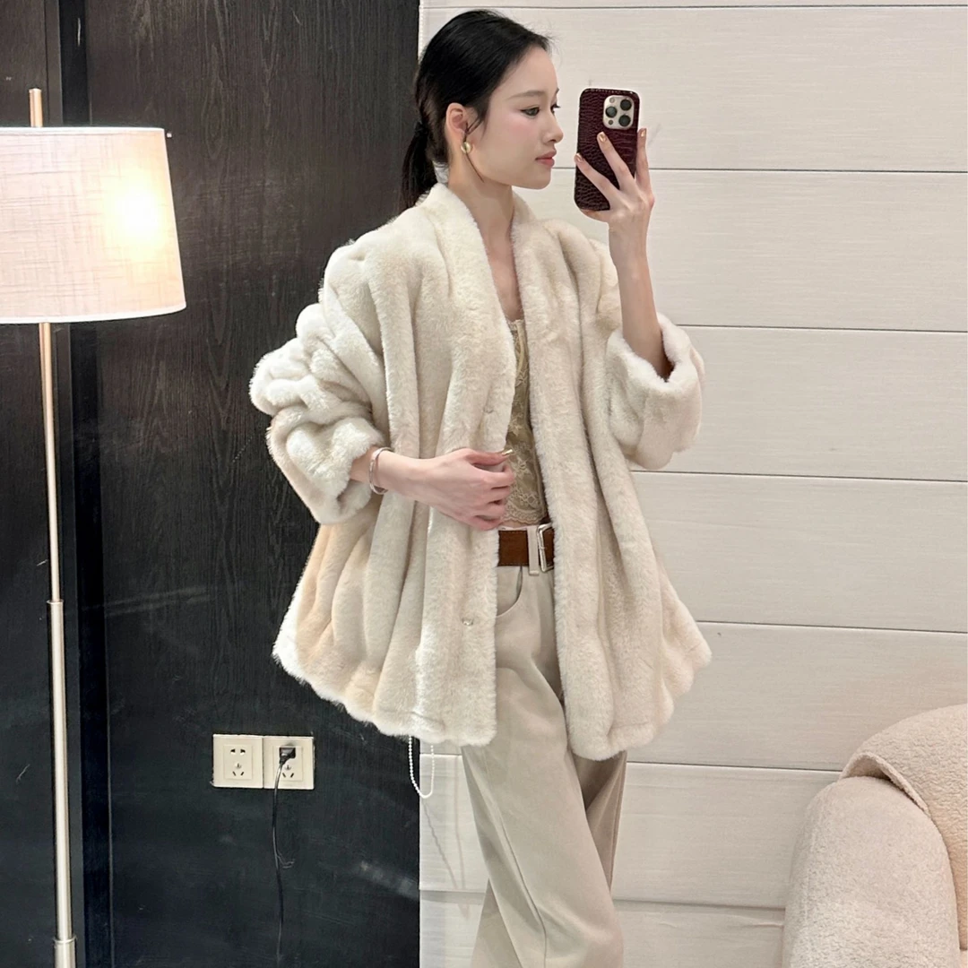 人造皮草 秋冬新款加厚韩版V领时尚环保毛毛长外套